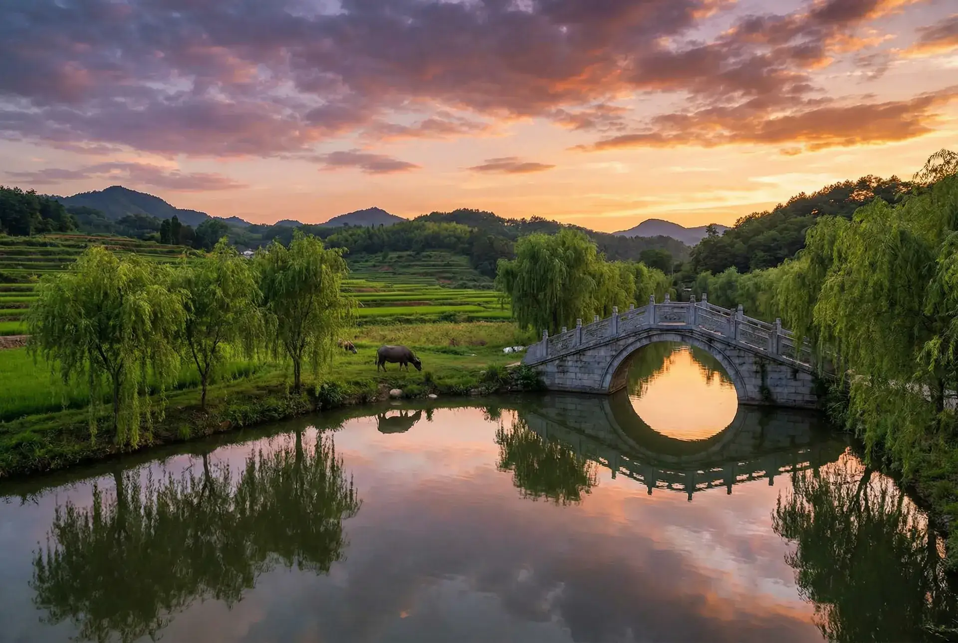 夕阳下的石拱桥与垂柳，水牛在河边吃草 - 翡翠台在线观看 乡村美景